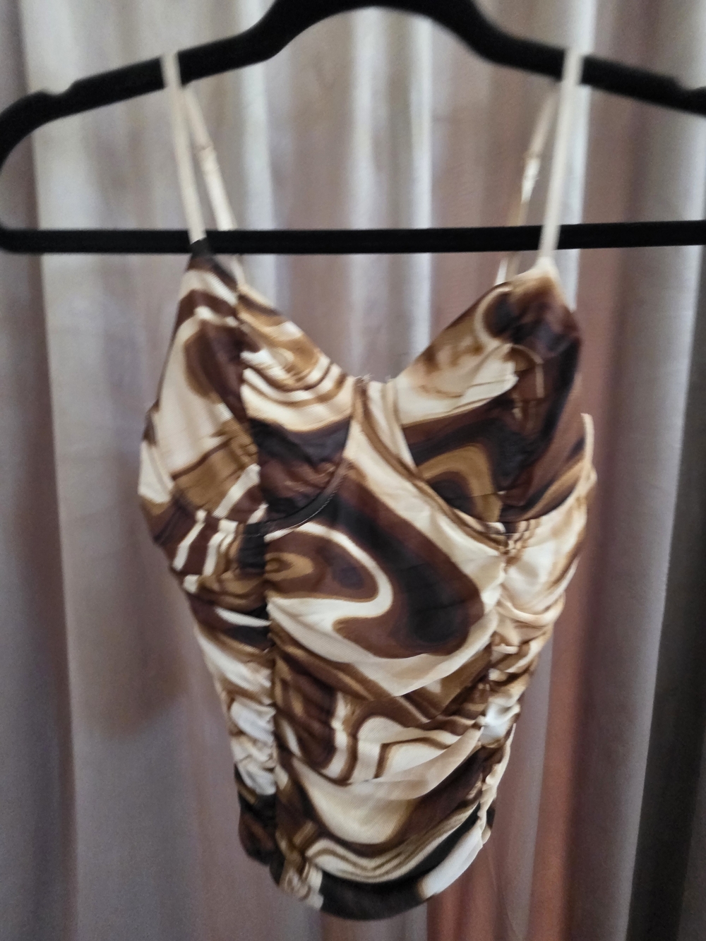 Just Polly Brown Marble Mesh Ruched Corset Cami Top Medium